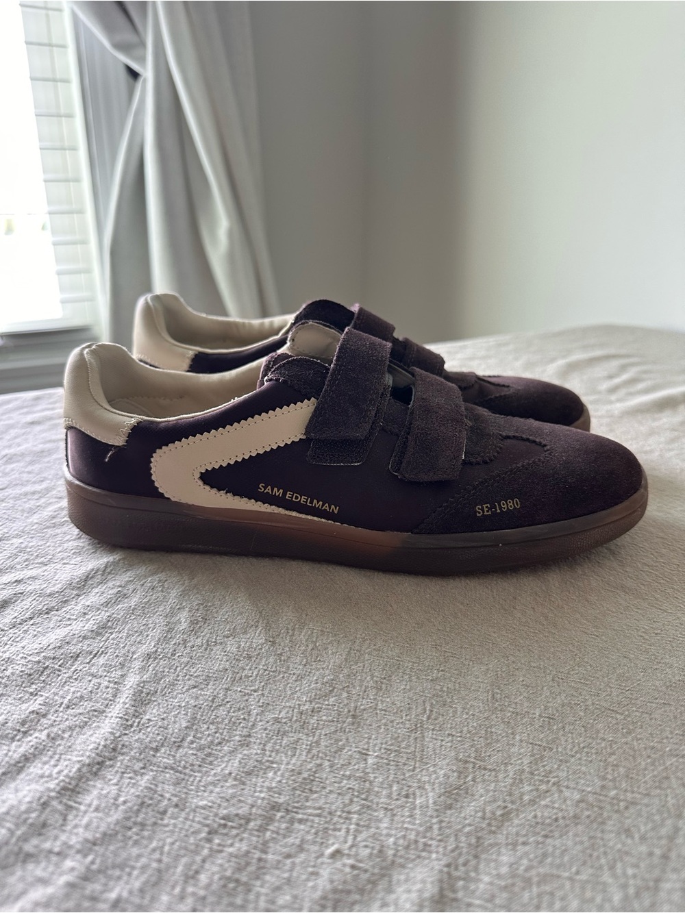Sam Edelman Kids Brown Suede Velcro Sneakers with Cream Accent